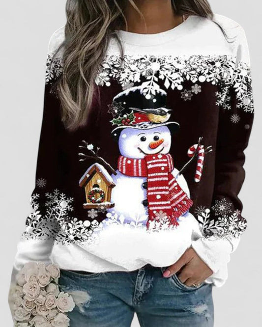Cotton Blend Christmas Snowman Print Long Sleeve Sweatshirt