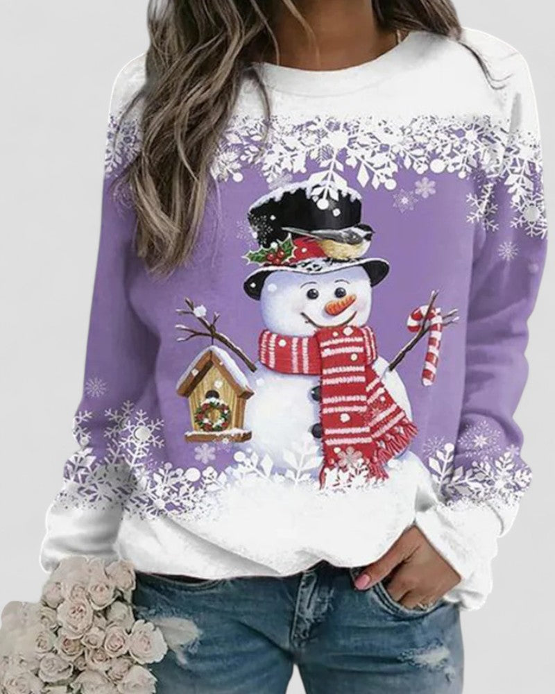 Cotton Blend Christmas Snowman Print Long Sleeve Sweatshirt