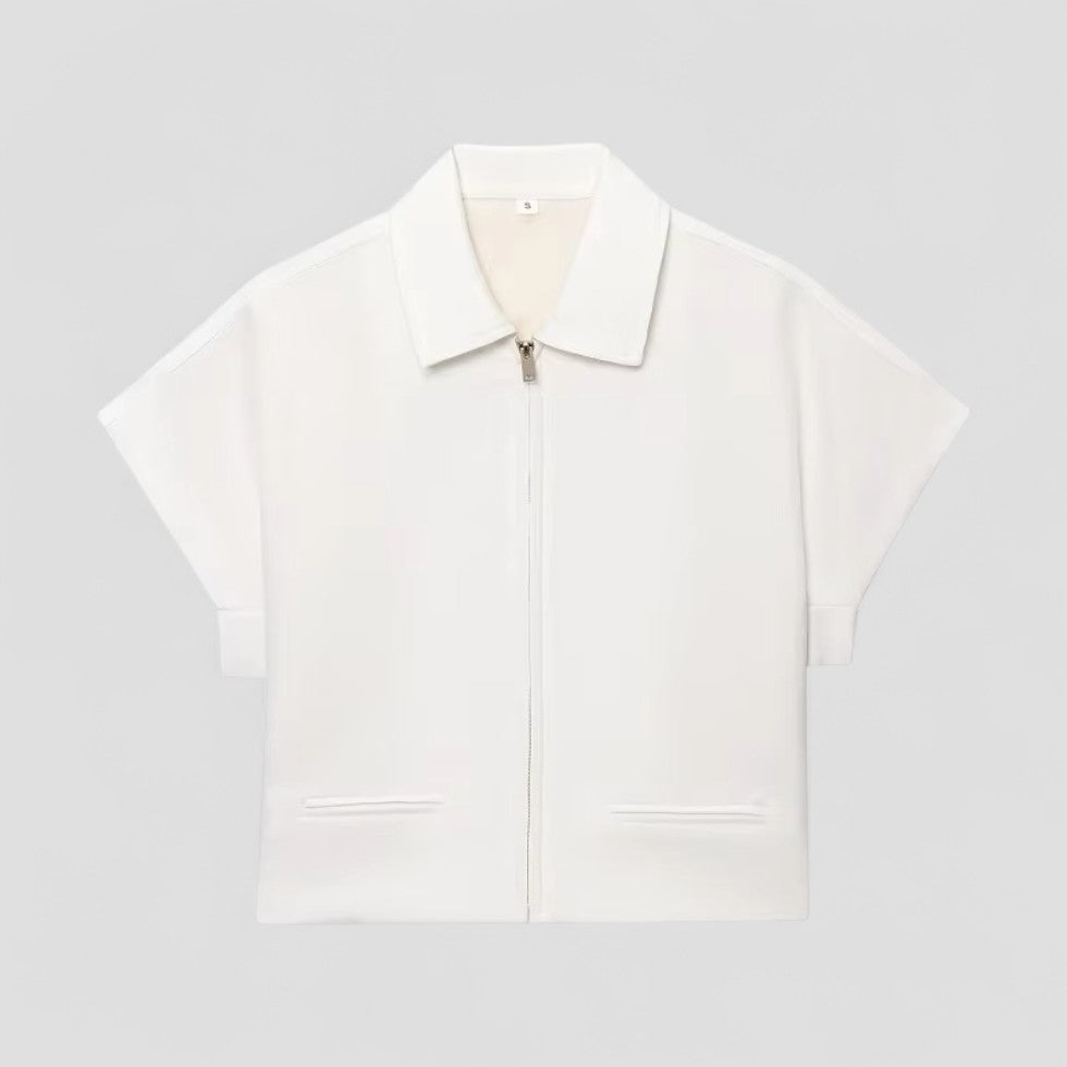 Cropped Zip Up Short Sleeve Jacket Women Casual Outerwear
