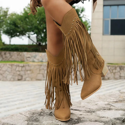 Trendy Fringed Cowboy Knee High Boots - BritishElegance