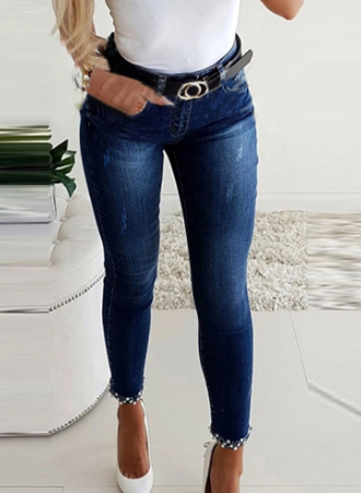 Fashionable Embellished Slim Fit Pearl Jeans for Women - BritishElegance