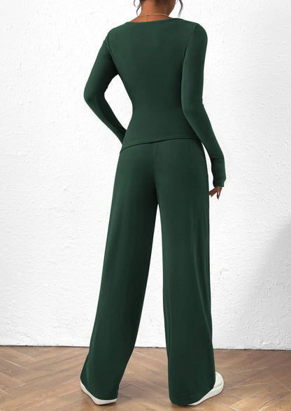 Long Sleeve T-Shirt Wide Leg Pants Casual 2 Piece Sets