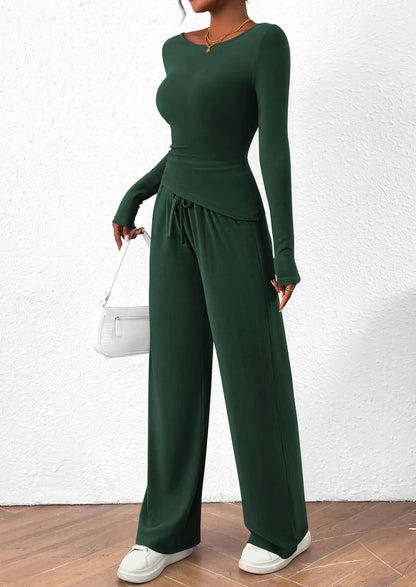 Long Sleeve T-Shirt Wide Leg Pants Casual 2 Piece Sets