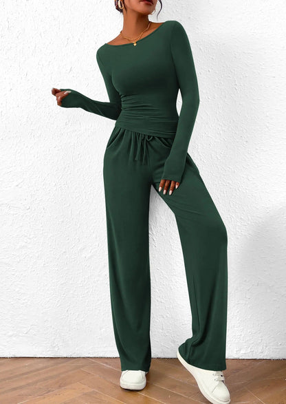 Long Sleeve T-Shirt Wide Leg Pants Casual 2 Piece Sets