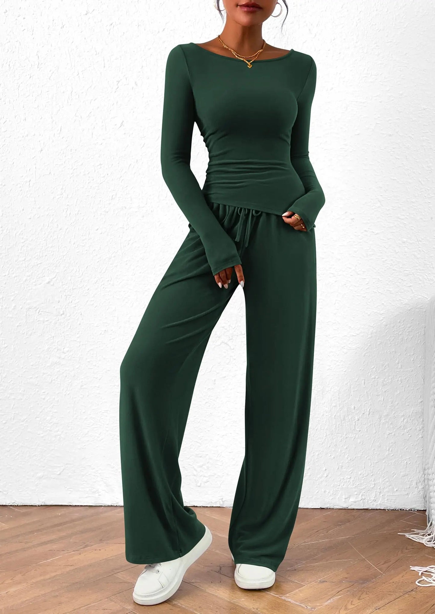 Long Sleeve T-Shirt Wide Leg Pants Casual 2 Piece Sets