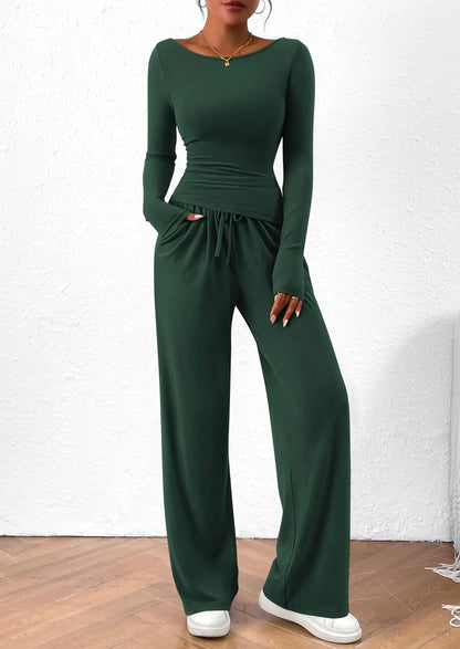 Long Sleeve T-Shirt Wide Leg Pants Casual 2 Piece Sets