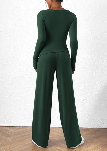 Long Sleeve T-Shirt Wide Leg Pants Casual 2 Piece Sets