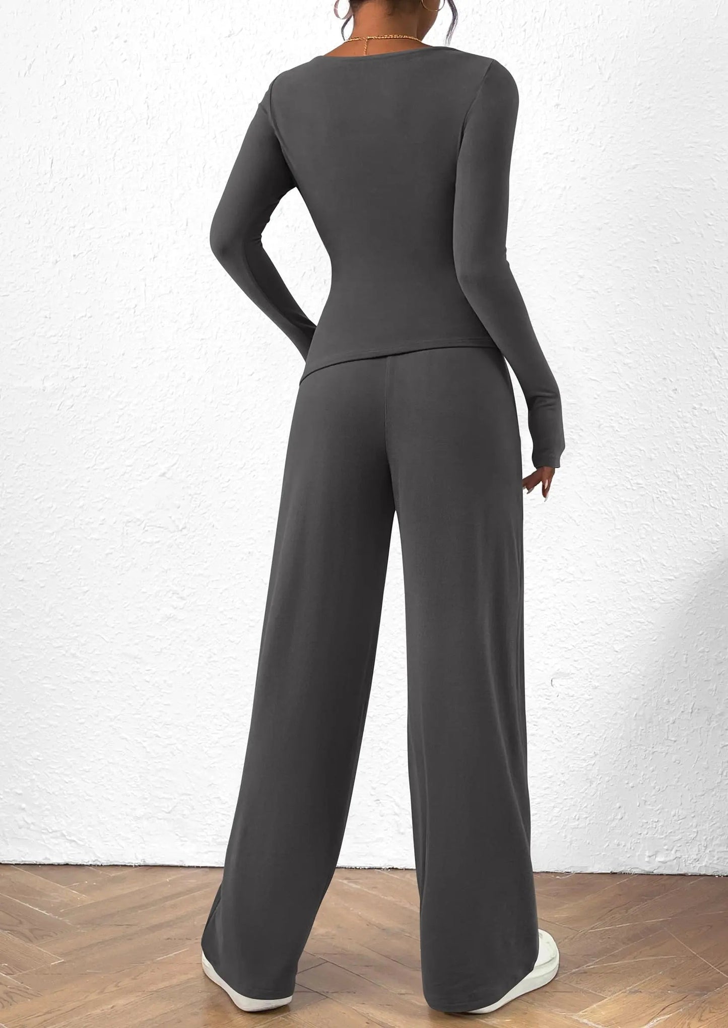 Long Sleeve T-Shirt Wide Leg Pants Casual 2 Piece Sets