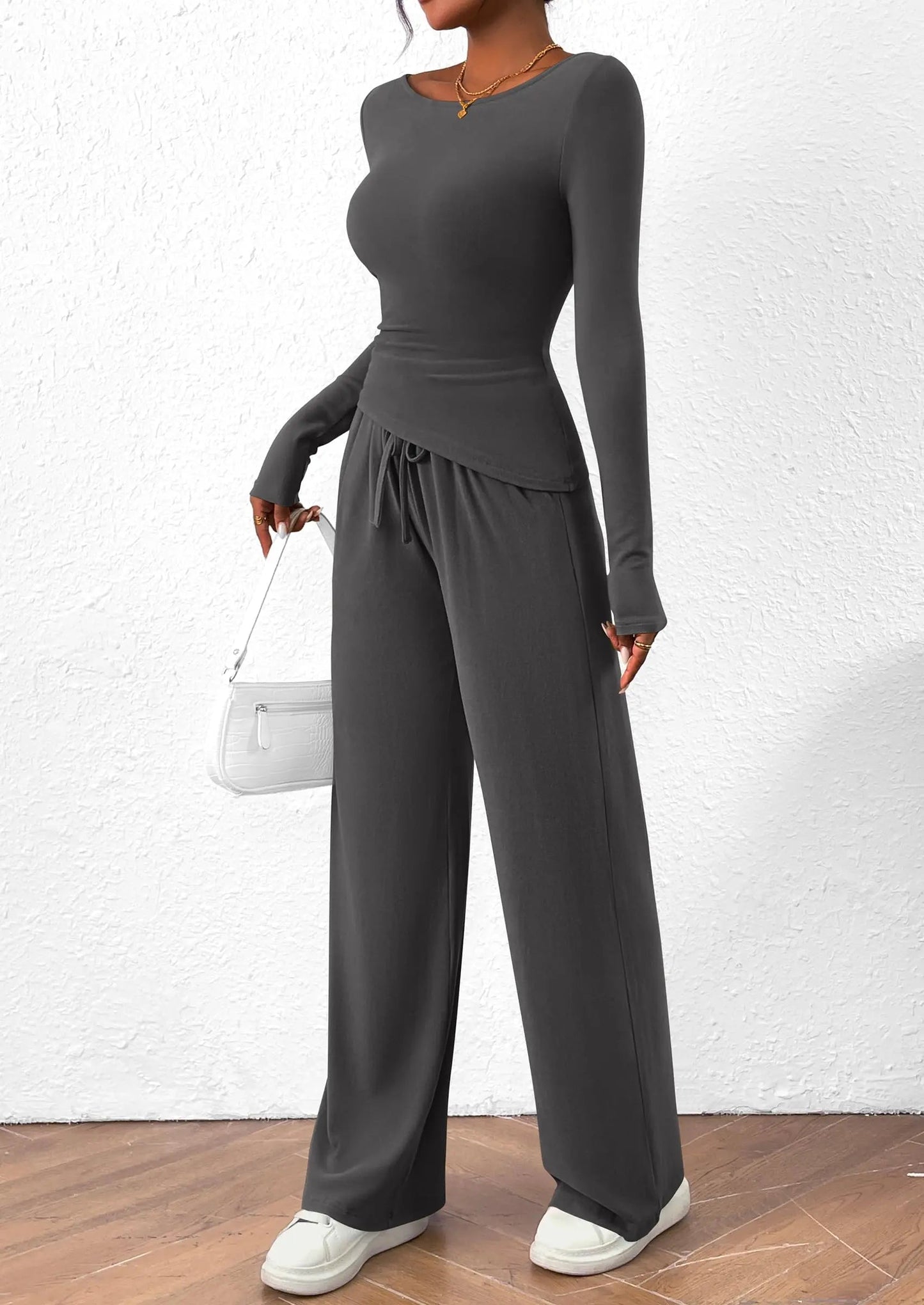 Long Sleeve T-Shirt Wide Leg Pants Casual 2 Piece Sets