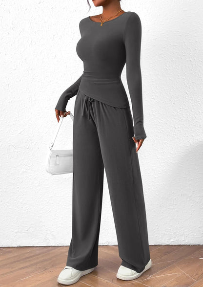 Long Sleeve T-Shirt Wide Leg Pants Casual 2 Piece Sets
