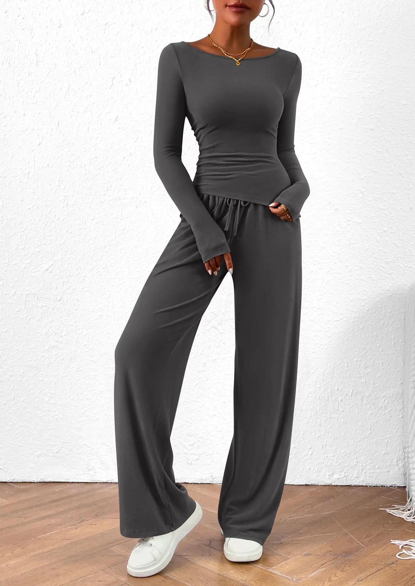 Long Sleeve T-Shirt Wide Leg Pants Casual 2 Piece Sets