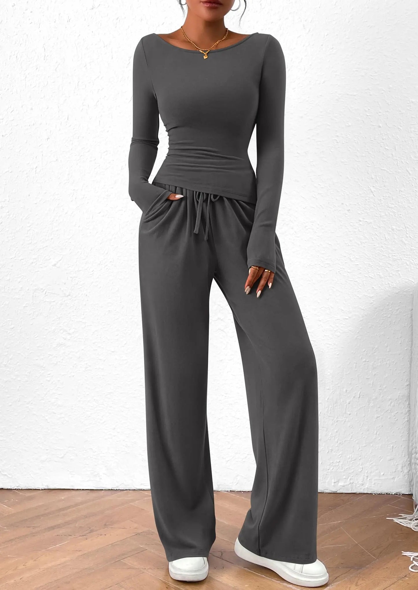 Long Sleeve T-Shirt Wide Leg Pants Casual 2 Piece Sets