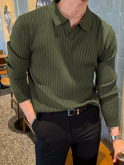 Philip - Ribbed V-Neck Longsleeve Polo Sweater