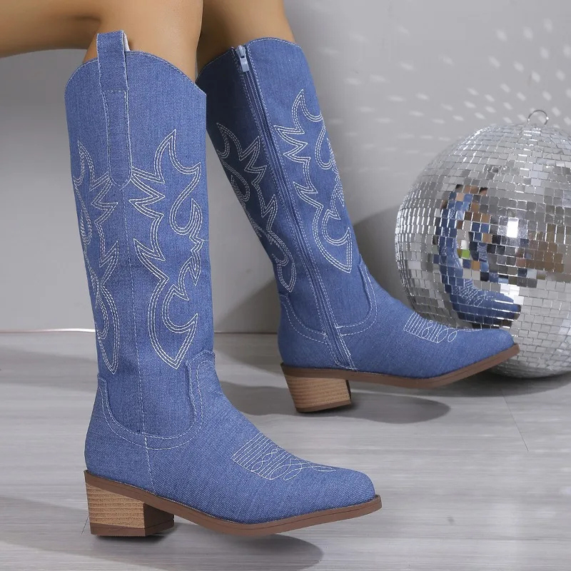 Denim Cowboy Boots for Women with Western Embroidery and Comfortable Block Heel – Blue