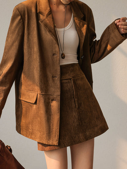 Denise | Women's Retro Suede Button-Up Long Sleeve Blazer