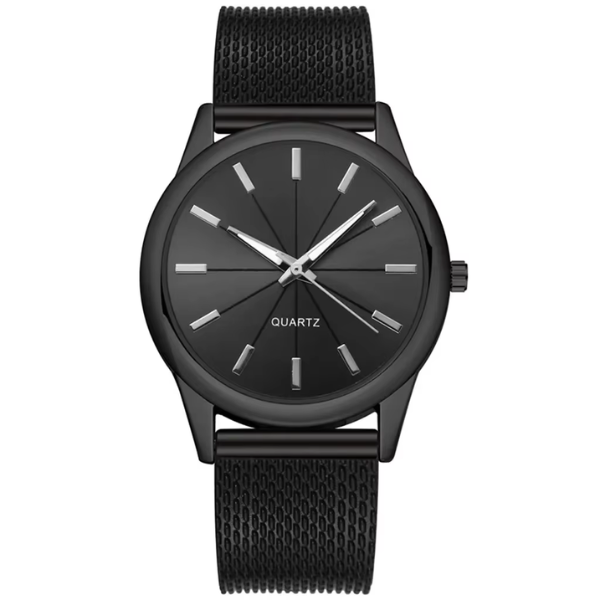 Sleek Black Unisex Watch with Metal Mesh Band - BritishElegance
