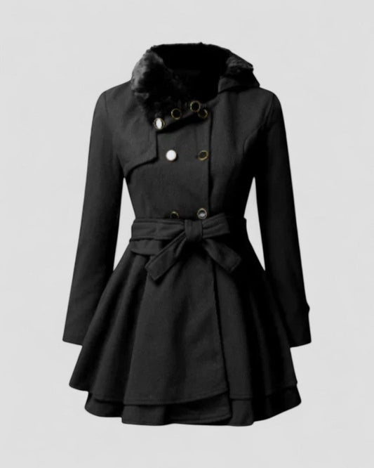 Double Breasted Belted Winter Coat With Fur Collar