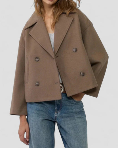 Double Breasted Cropped Wool Blend Peacoat for Women
