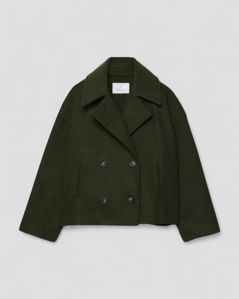 Double Breasted Cropped Wool Blend Peacoat for Women