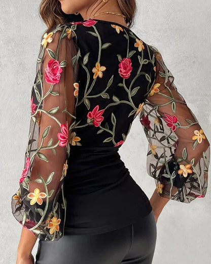 Elayne Blouse | Floral Embroidered Long Sleeve V-Neck Blouse