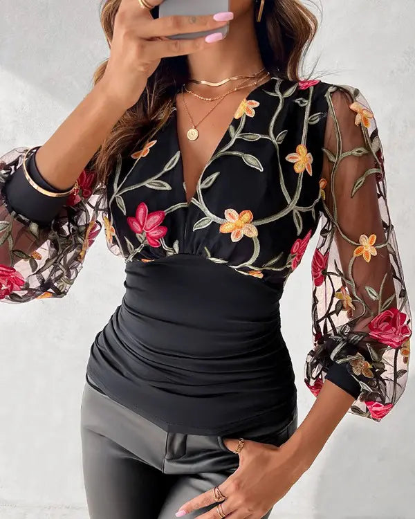 Elayne Blouse | Floral Embroidered Long Sleeve V-Neck Blouse