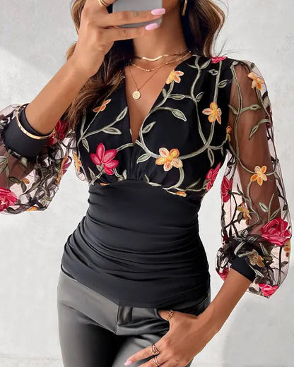 Elayne Blouse | Floral Embroidered Long Sleeve V-Neck Blouse