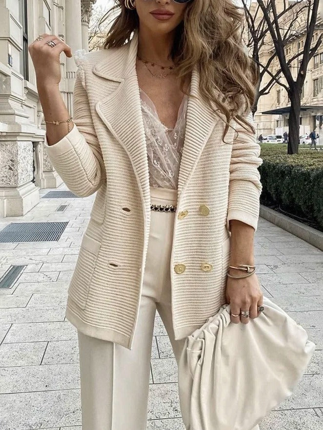 Mica | Women's Double-Breasted Jacket – Elegant Tailored Ribbed Blazer with Lapel Collar for Work and Casual Wear
