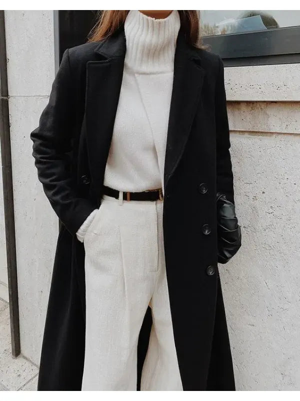 Shaina | Women’s Full-Length Wool Coat – Elegant Double-Breasted Tailored Design with Notched Lapel for Winter
