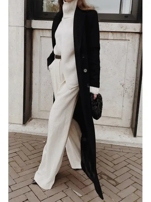 Shaina | Women’s Full-Length Wool Coat – Elegant Double-Breasted Tailored Design with Notched Lapel for Winter