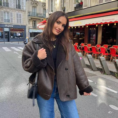 Angelica | Brown Leather Fleece Jacket