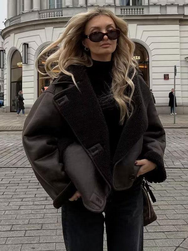 Angelica | Brown Leather Fleece Jacket
