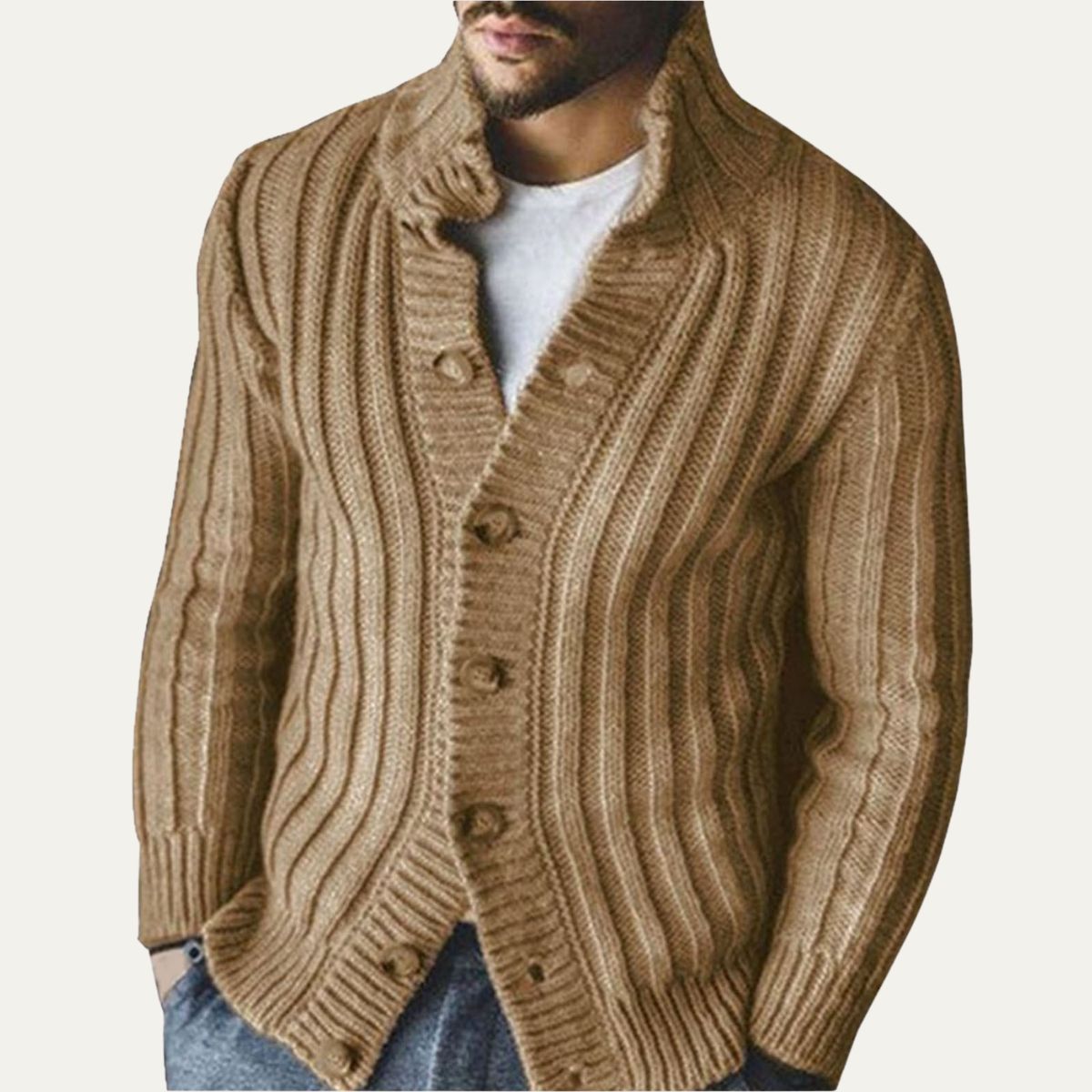 Men’s Wide Rib Knit Mock Neck Cardigan with Button Front
