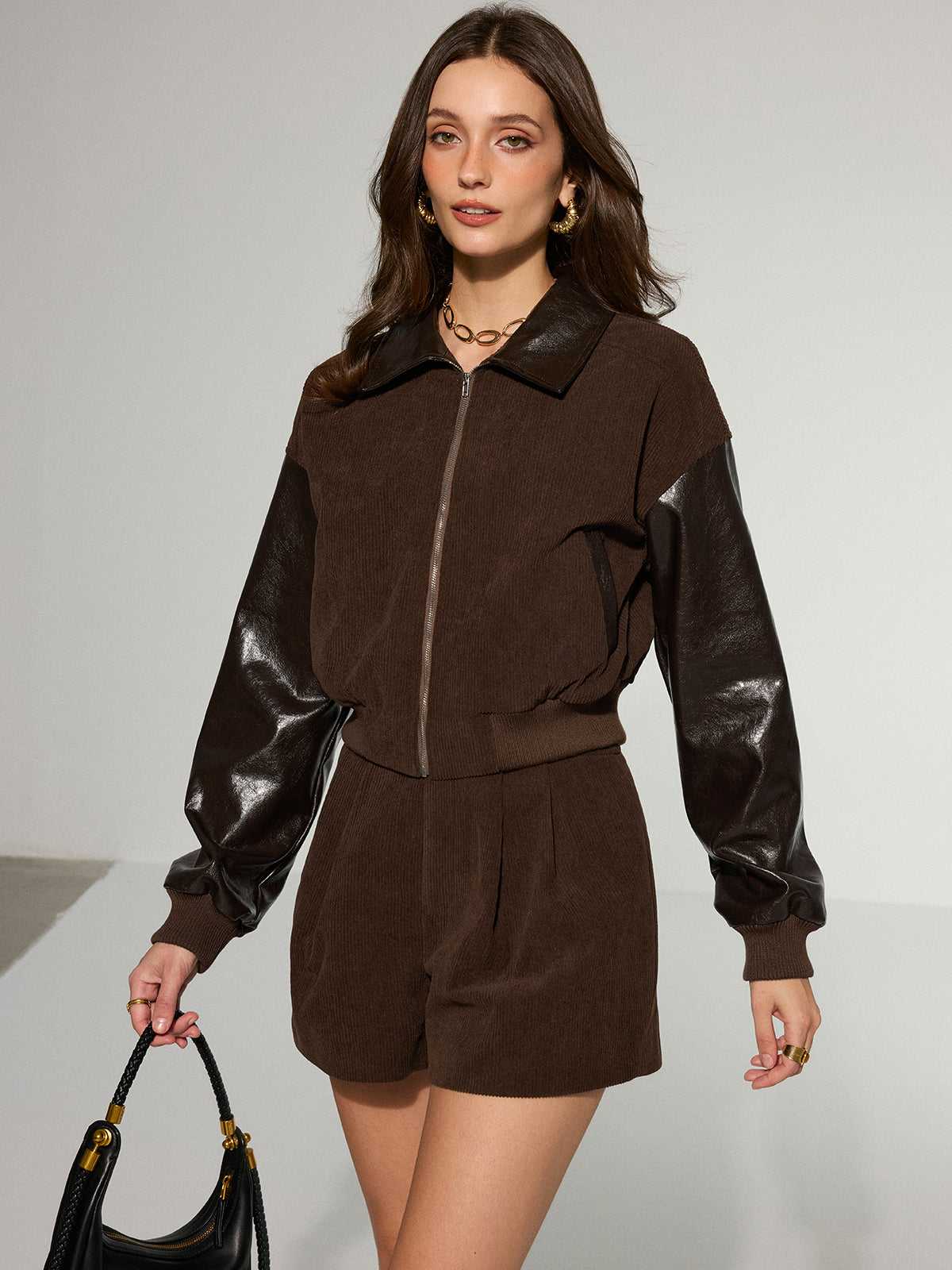 Lyra | Faux Leather Panel Corduroy Zip-Up Jacket
