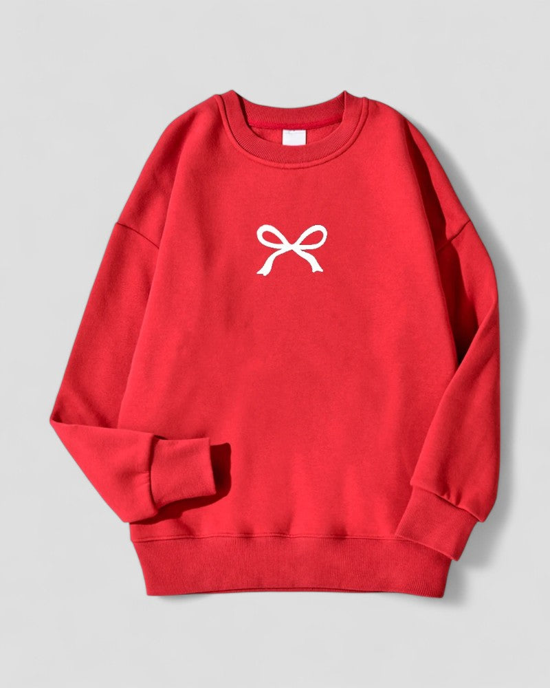 Fleece Lined Cotton Blend Oversized Bow Print Sweatshirt for Women