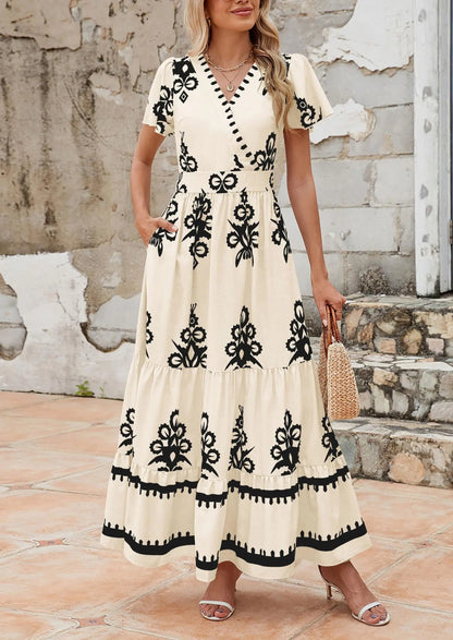 Casual V Neck Boho Flowy A-line Bell Sleeve Tiered Floral Maxi Dresses with Pocket
