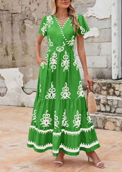 Casual V Neck Boho Flowy A-line Bell Sleeve Tiered Floral Maxi Dresses with Pocket