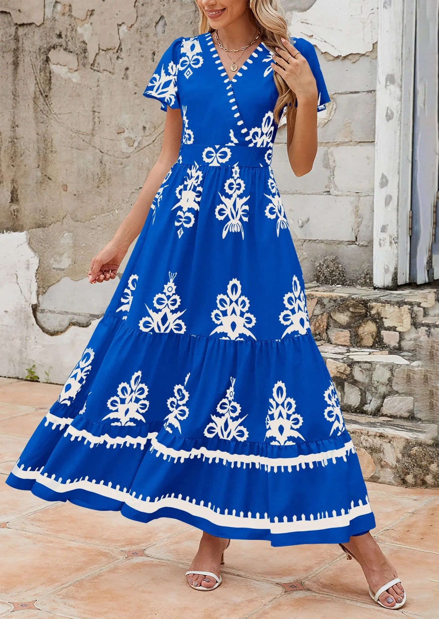 Casual V Neck Boho Flowy A-line Bell Sleeve Tiered Floral Maxi Dresses with Pocket