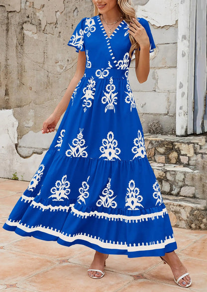 Casual V Neck Boho Flowy A-line Bell Sleeve Tiered Floral Maxi Dresses with Pocket