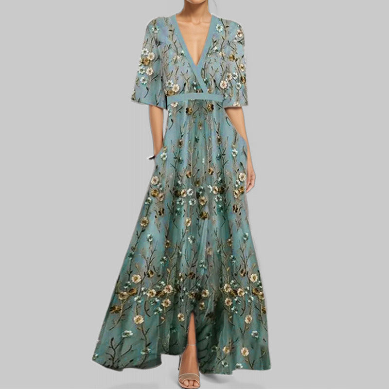 Freya – Women’s Long Floral Dress with Deep V Neck