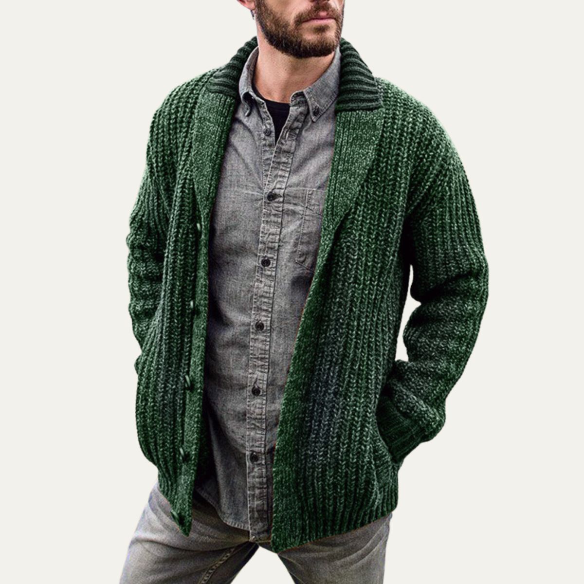 Men’s Chunky Ribbed Cardigan with Striped Shawl Collar