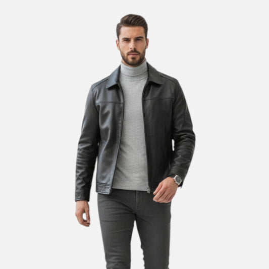 Men's Genuine Leather Polo Jacket - Traditional Fit Coat - BritishElegance