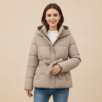 Women's Puffer Jacket with Hood and Belt