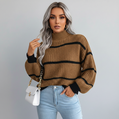 Women’s Knit Sweater – Relaxed Fit – Chunky Texture – Crew Neck – Striped Long Sleeve