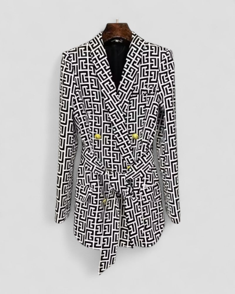 Geometric Print Belted Blazer Jacket Women’s Elegant Fit