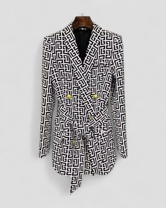 Geometric Print Belted Blazer Jacket Women’s Elegant Fit