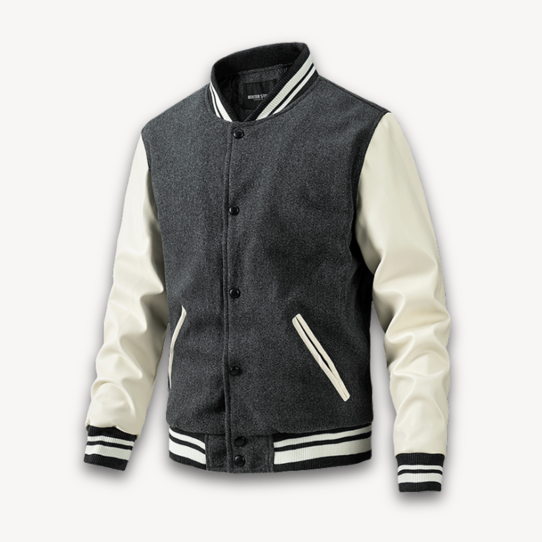 Men's Varsity Jacket - Wool Blend Body with Faux Leather Sleeves - Classic Letterman Style