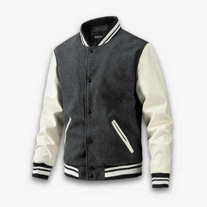 Men's Varsity Jacket - Wool Blend Body with Faux Leather Sleeves - Classic Letterman Style