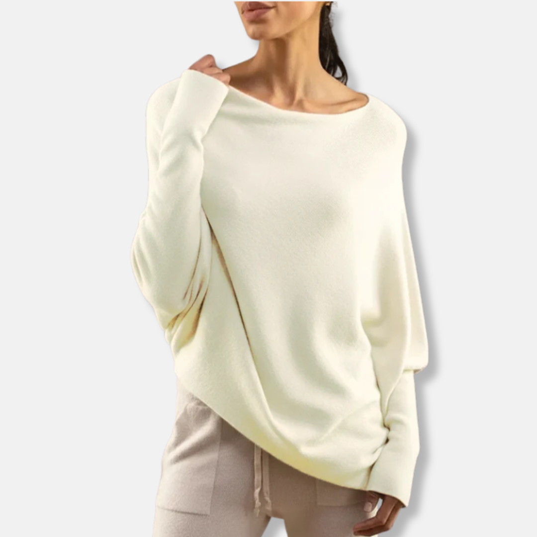 Women’s Knitted Top – Oversized Relaxed Fit – Boat Neck – Ribbed Cuff Long Sleeve