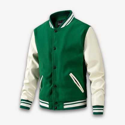 Men's Varsity Jacket - Wool Blend Body with Faux Leather Sleeves - Classic Letterman Style