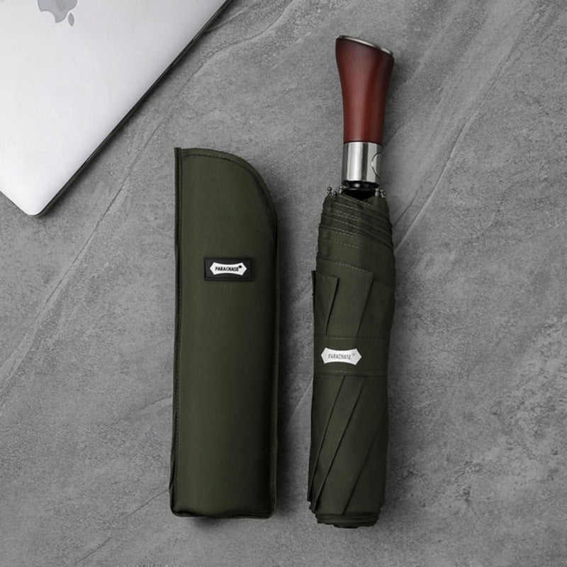Compact Windproof Umbrella With Wooden Grip